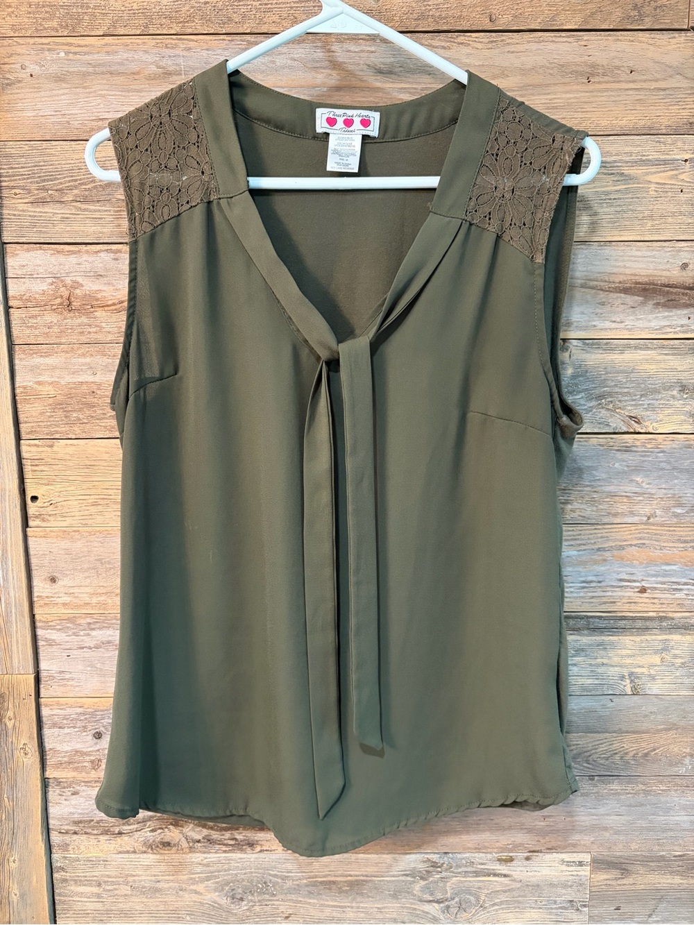 Olive Tie-Front Sleeveless Blouse with Lace Shoulders - size M